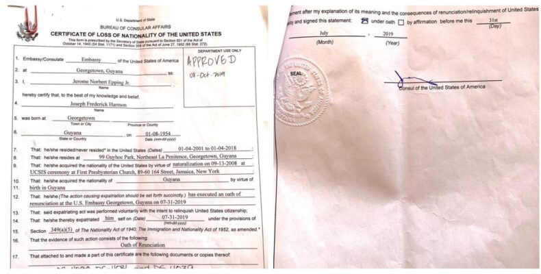Harmon releases proof of relinquishment of US Citizenship; Calls on Teixeira and Shuman to do the same